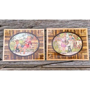 Vintage Wood Plaques Children With Puppy and Kittens